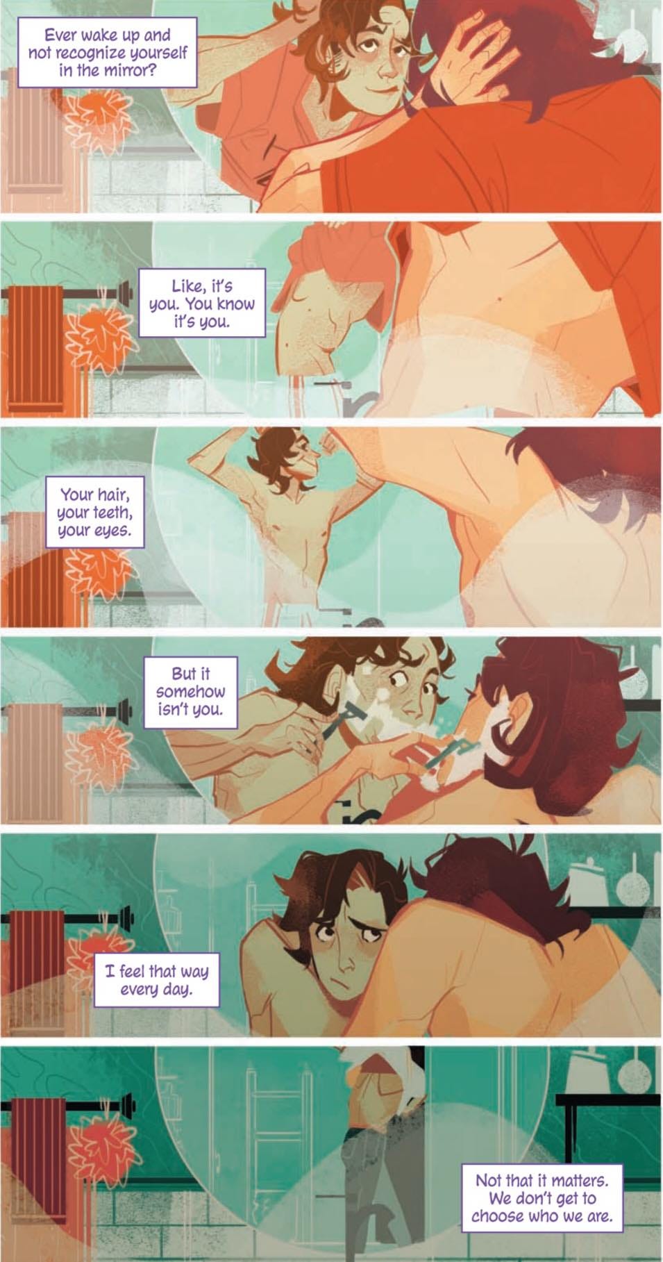 The same comic page, but with inner monologue restored. It begins "Ever wake up and not recognize yourself in the mirror?"