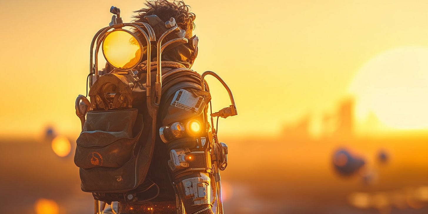 solarpunk futuristic man with a solar backpack, golden hour, professional color grading, hyper realistic, clean sharp focus, birds-eye view, film photography, 8k, Denis Villeneuve --ar 2:1 --v 5.1