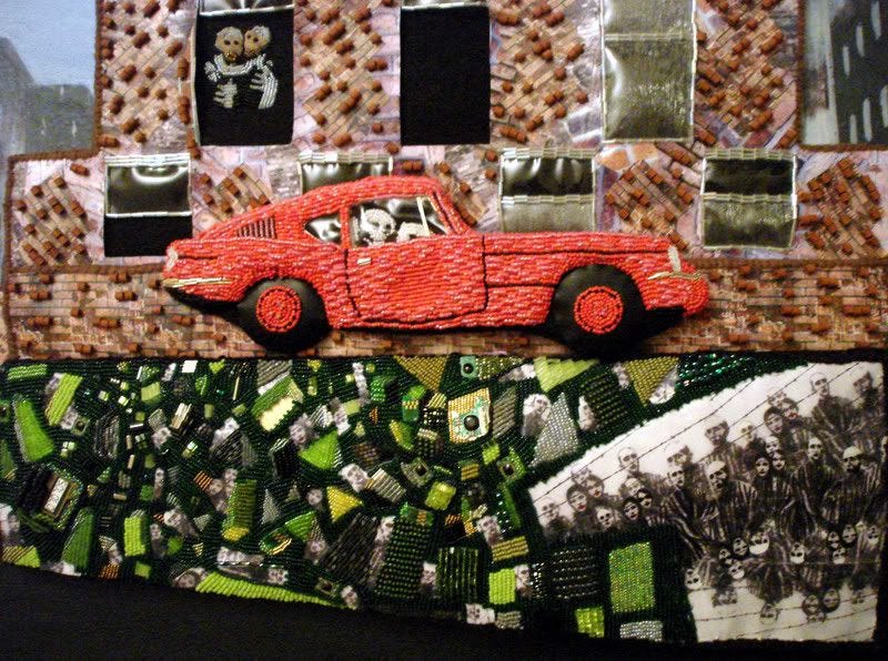 History Repeated. WWIII. 9/11 terrorist attacks. Banksy. Brick Lane, London. mixed media bead embroidery History Repeated. WWIII. 9/11 terrorist attacks. Banksy. Brick Lane, London. mixed media bead embroidery