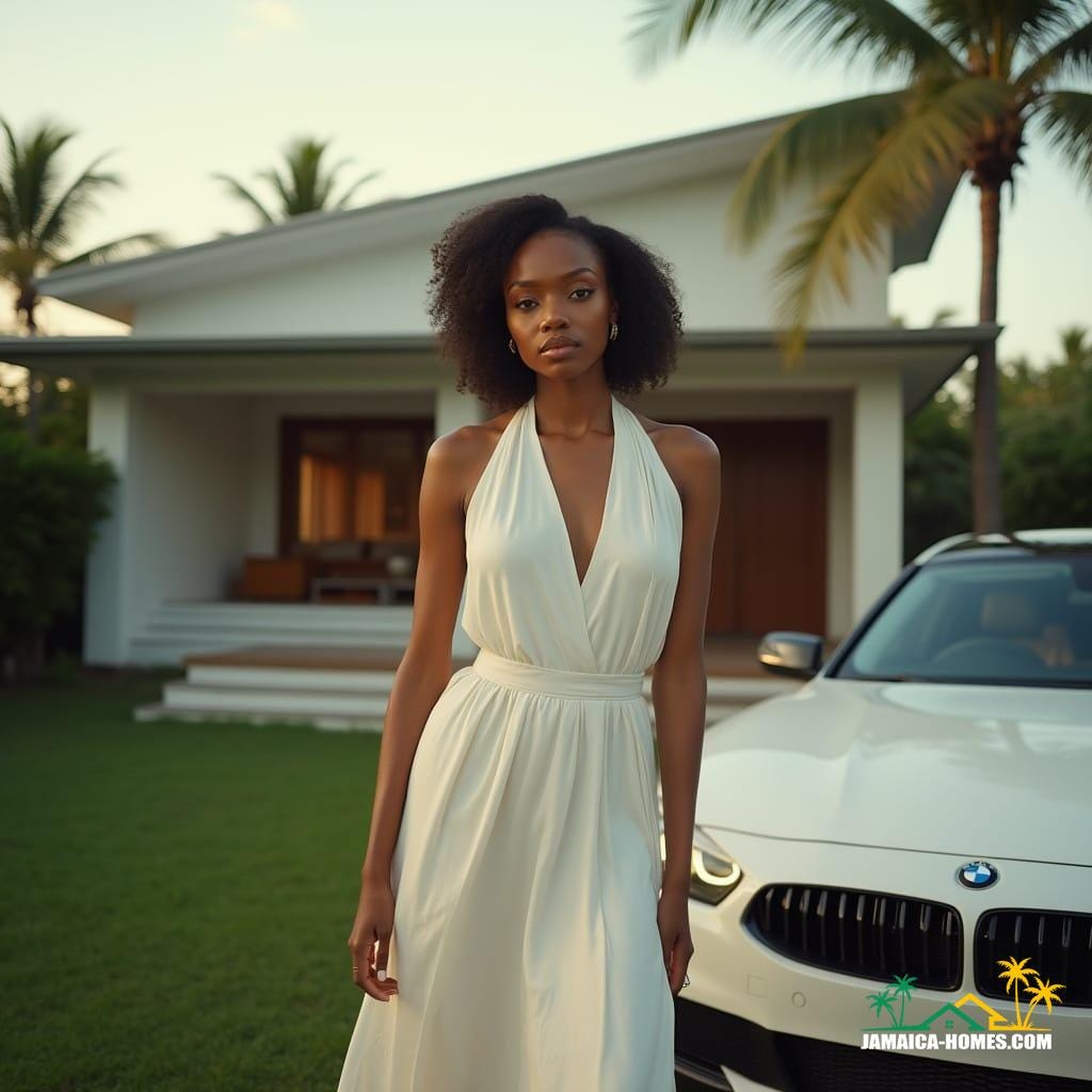 Elegant woman with porcelain skin and flowing white attire, standing confidently in front of a sleek, modern Jamaican home in Kingston, Caribbean, with a shiny car parked beside her. Soft, warm light casts a gentle glow on her features, while the surrounding tropical landscape is subtly blurred, evoking a sense of intimacy. Inspired by the cinematic styles of Emmanuel Lubezki, Rachel Morrison, and Maryse Alberti, with a blend of naturalistic and stylized elements, reminiscent of 35mm film, with a subtle film grain, vignette, and color grading that enhances the atmospheric, dramatic mood, as if shot on a v-raptor XL camera.