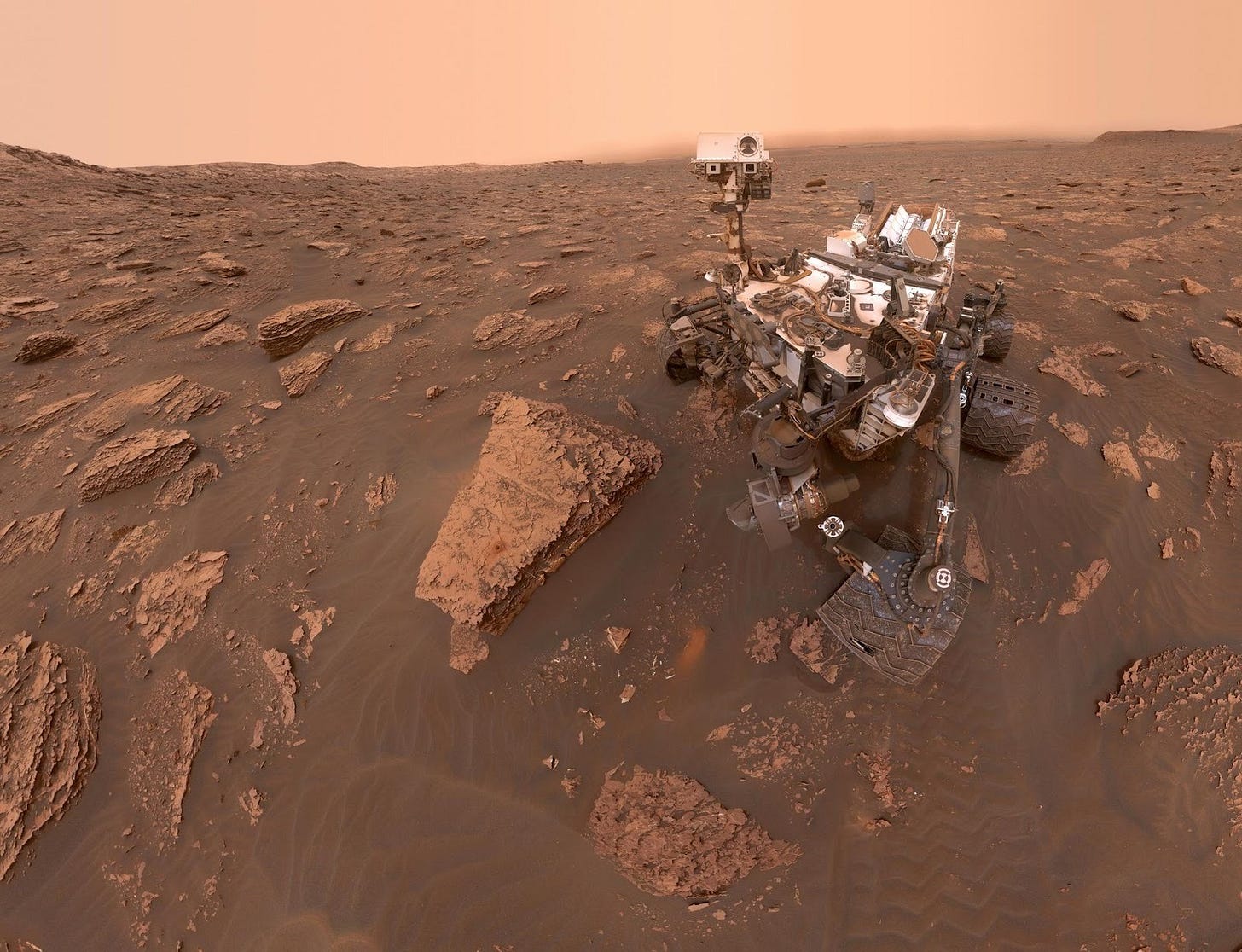 A self-portrait of NASA's Curiosity rover taken on Sol 2082 (June 15, 2018). A Martian dust storm has reduced sunlight and visibility at the rover's location in Gale Crater.