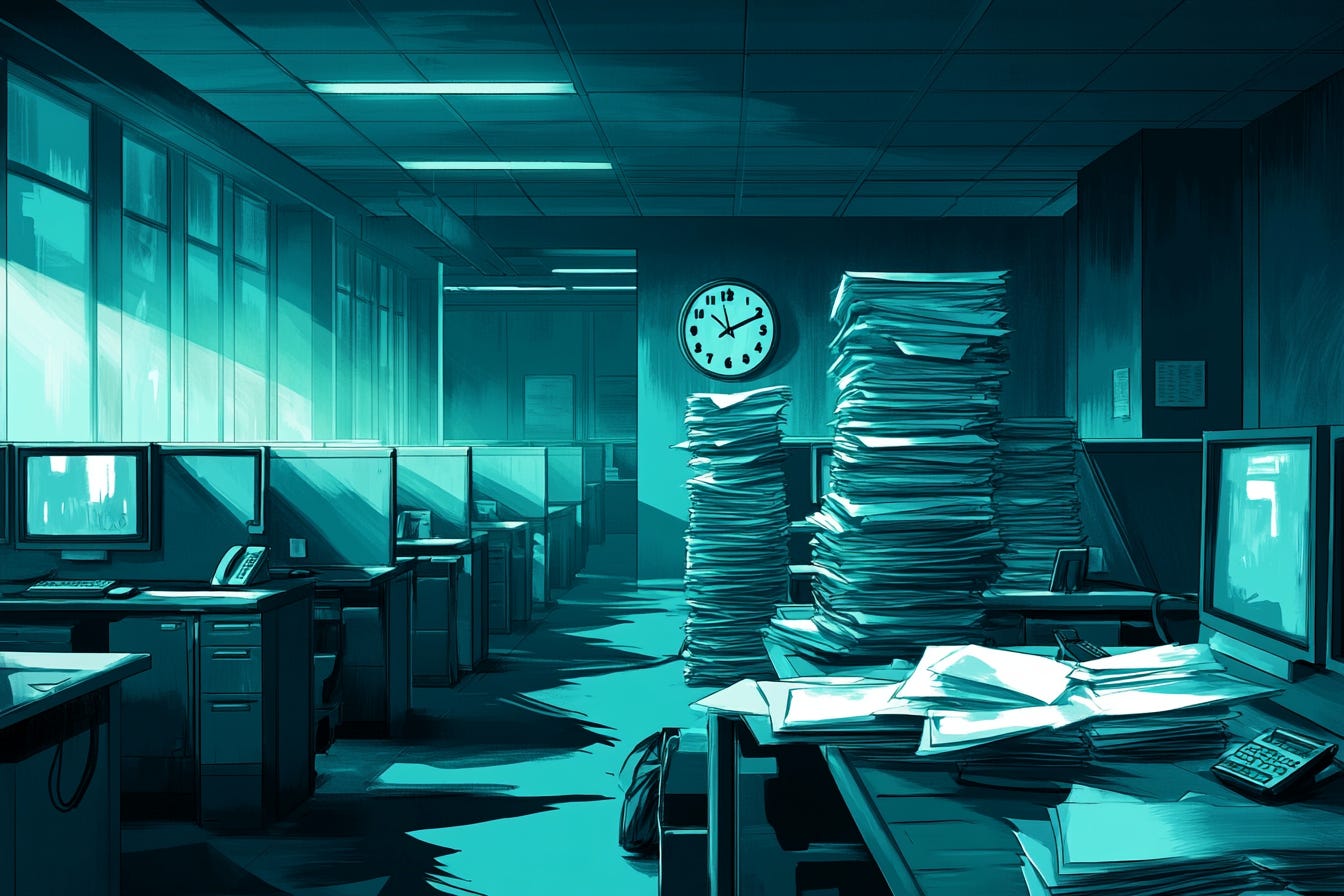 graphic novel illustration of a dimly lit office of cubicles piled high with paperwork