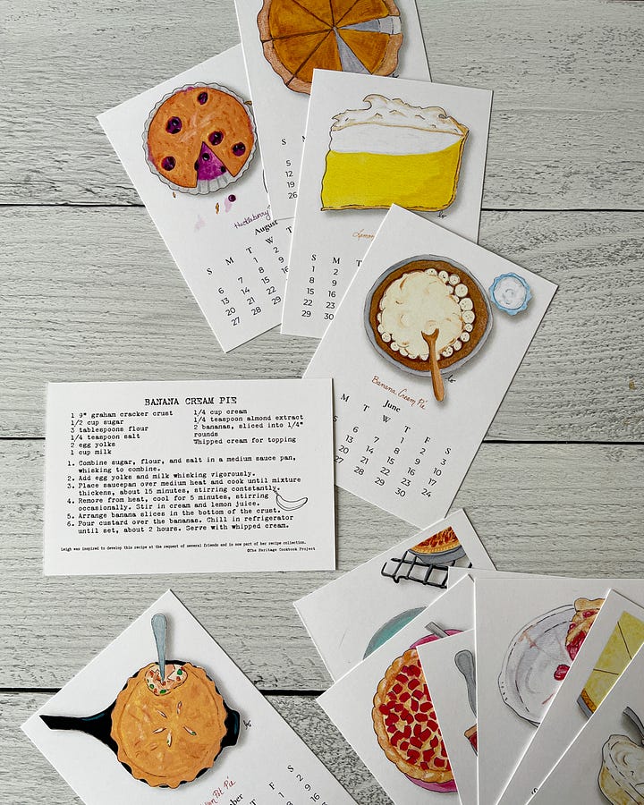 Images of the 2023 pie calendar including illustrations of chicken pot pie, strawberry rhubarb pie, and cherry pie.