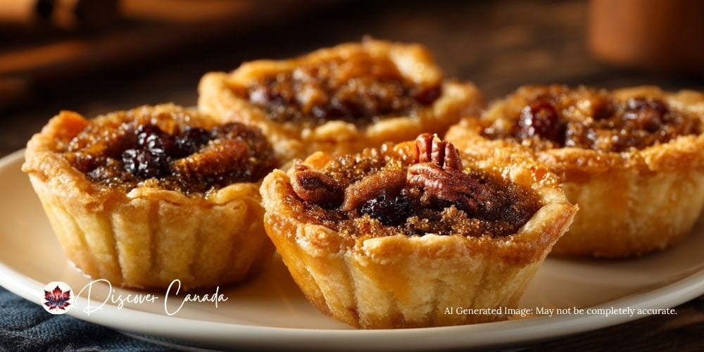 Canadian butter tarts with a golden filling and flaky crust, topped with pecans and raisins." Canadian butter tarts with a golden filling and flaky crust, topped with pecans and raisins."