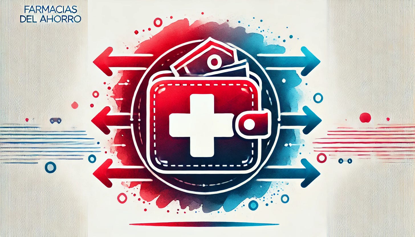 A minimalist watercolor illustration in red and blue tones, symbolizing Farmacias del Ahorro entering the Fintech space. The design features a simple pharmacy cross icon seamlessly merging with a digital wallet. Arrows representing digital transactions surround the wallet, and the color scheme is dominated by brilliant red and blue hues, reflecting the brand. The composition is clean, with a focus on accessibility and innovation, using soft gradients and sharp lines.