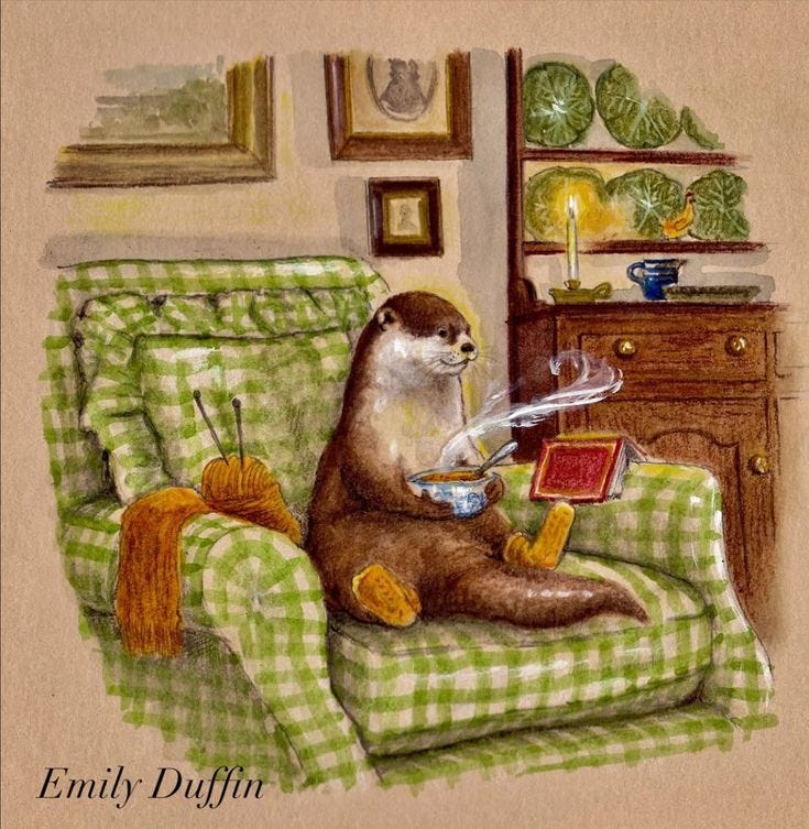 This may contain: an animal sitting on top of a green couch next to a book and knitting needles