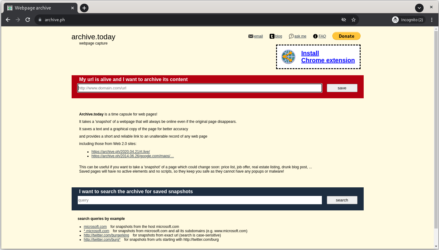 Figure 1. https://archive.today/ main page to search for and/or index webpages.