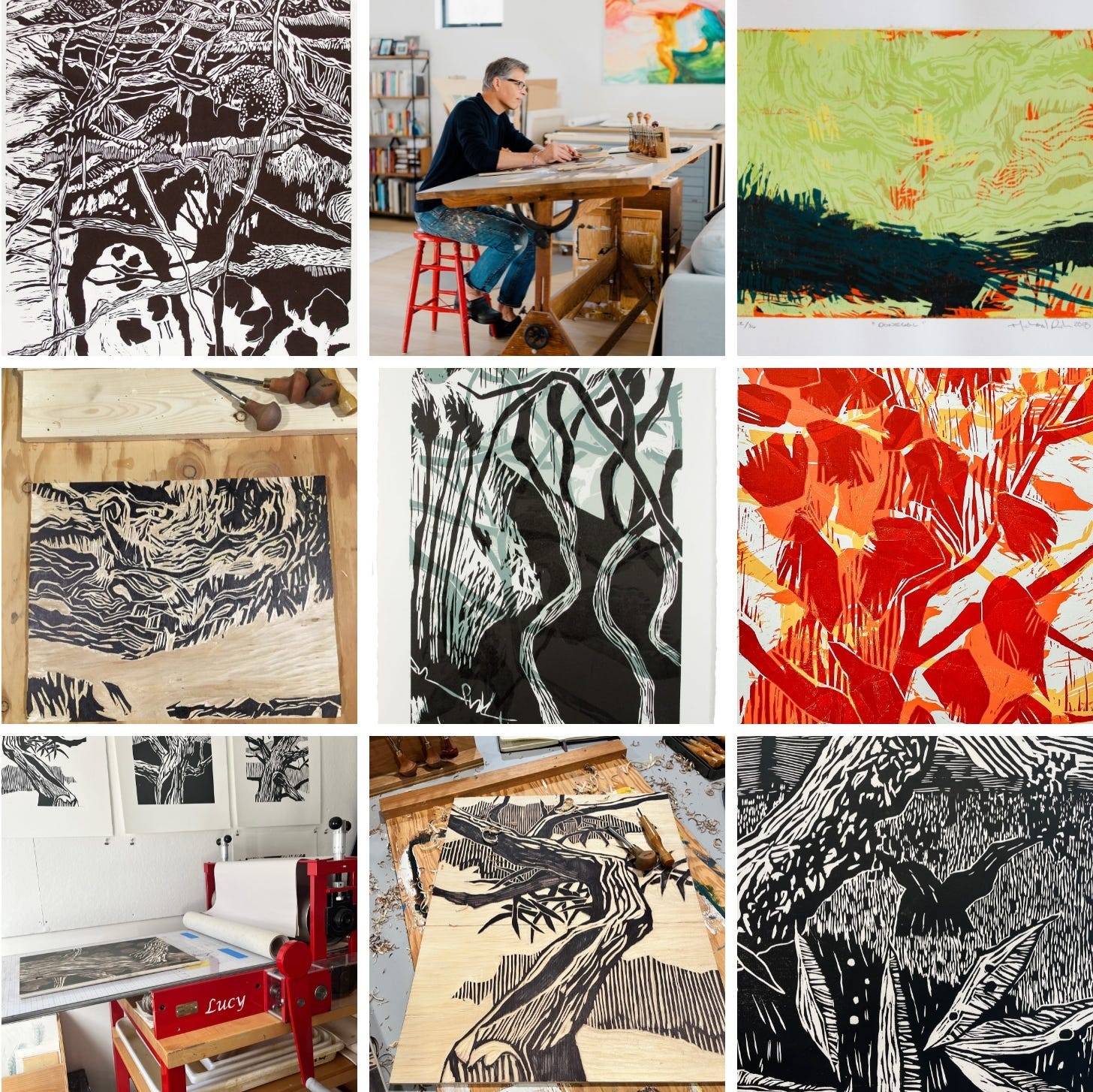 Large scale black and white woodcut by artists, Michael Rich