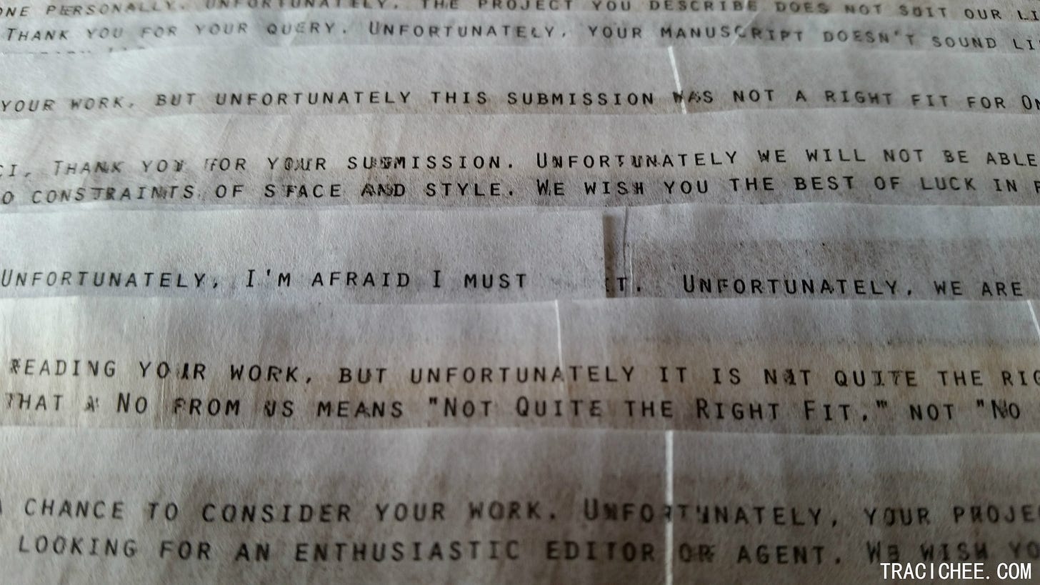 numerous strips of paper with rejections printed on them; in common they all have the word "unfortunately"