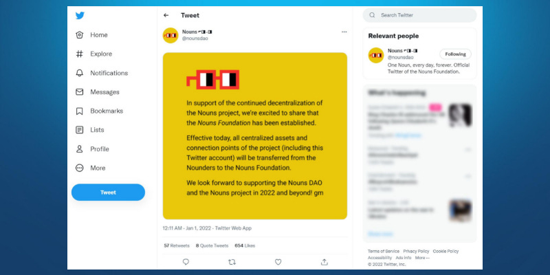 The tweet from Nouns Foundation on Nouns DAO