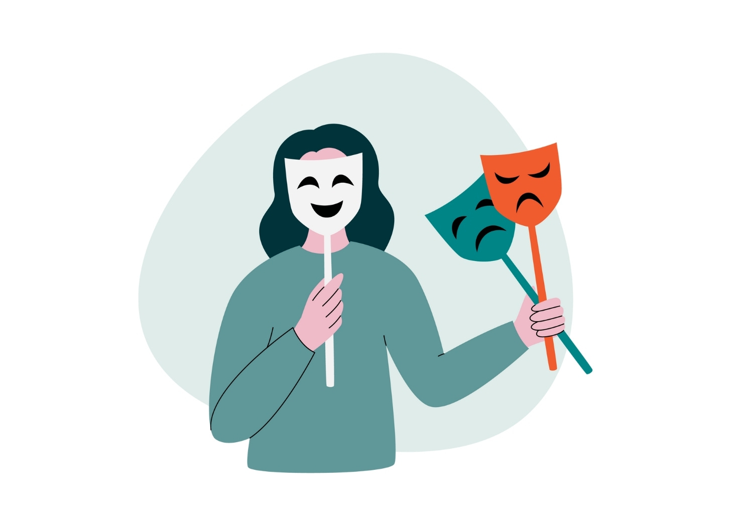 A person with long black hair wearing a purple jumper and holding three masks. The mask over their face is white and smiling. The two in their hand are red and angry and blue and sad