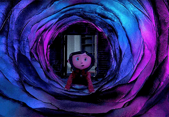This may contain: an animated figure is seen in the center of a purple and blue swirly tunnel
