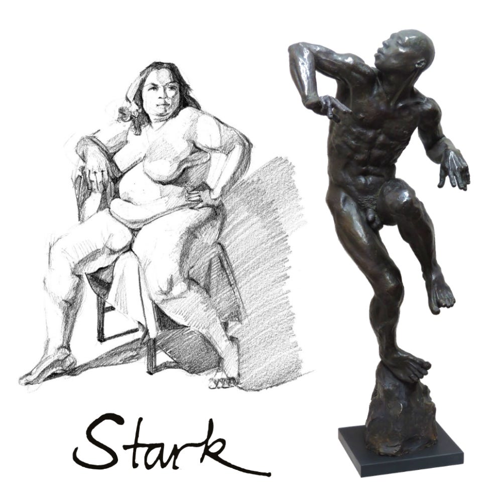 drawing and bronze of nude figures
