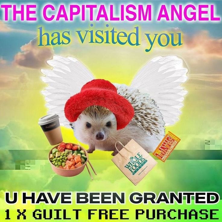 This may contain: a hedgehog wearing a red hat and holding a coffee cup with the caption, the capitalism angel has visited you