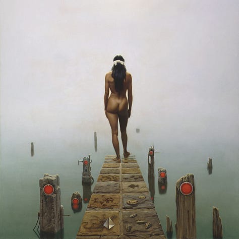 LEFT: Figure detail from CAUSEWAY featuring a nude female viewed from behind as she takes a tentative step into gray green water at the end of a stone causeway. A white cloth blindfold is tied in a short knot behind her head. Her skin is deep bronze and her hair pure black.  CENTER: PRISM (1991), Acrylic on watercolor board - 6” x 6”. A transparent glass tetrahedron casts an angular shadow back on a gray background. The prism is rendered in limited color, just a slight tint of yellow to set it apart from the shading of the simple background.  RIGHT: Close foreground detail from CAUSEWAY featuring the fossil embedded in stone. A clear glass prism rests on the stone nearest left on top of the bones of a small dinosaur. Other fossil evidence includes trilobites, ammonites, fish, and plants. Pylons set with red bicycle reflectors rise out of the water beside the causeway. The material of the posts changes from rough wood to carved stone to formed metal as the causeway descends symbolizing the progression of technology running alongside evolution in the fossil record.