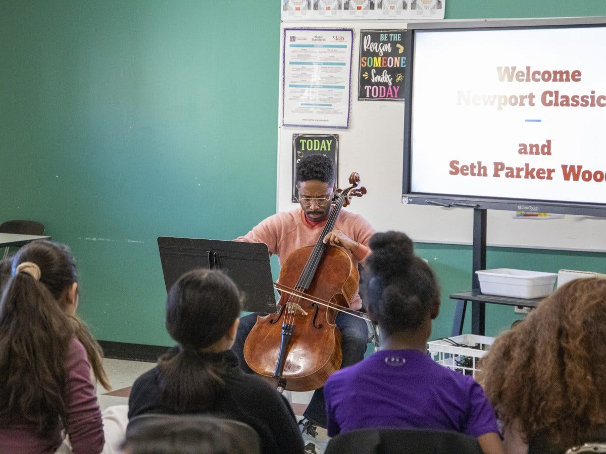 Cellist Seth Parker Woods’ delightful visit at Thompson Middle School