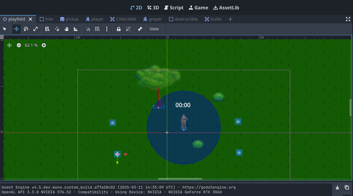 A screenshot of the Godot engine, showing an in-development game on the screen with multiple game objects scattered around a green playfield