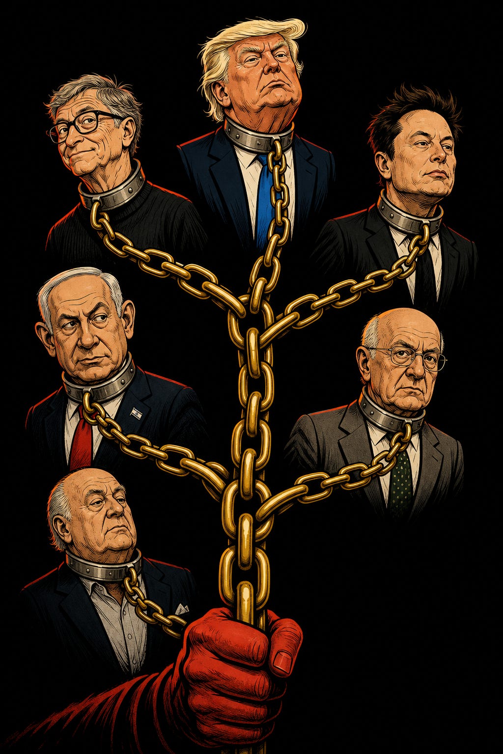 Caricatura política: personajes poderosos atados con collares de perro a una misma cadena Caricatura política: personajes poderosos atados con collares de perro a una misma cadena