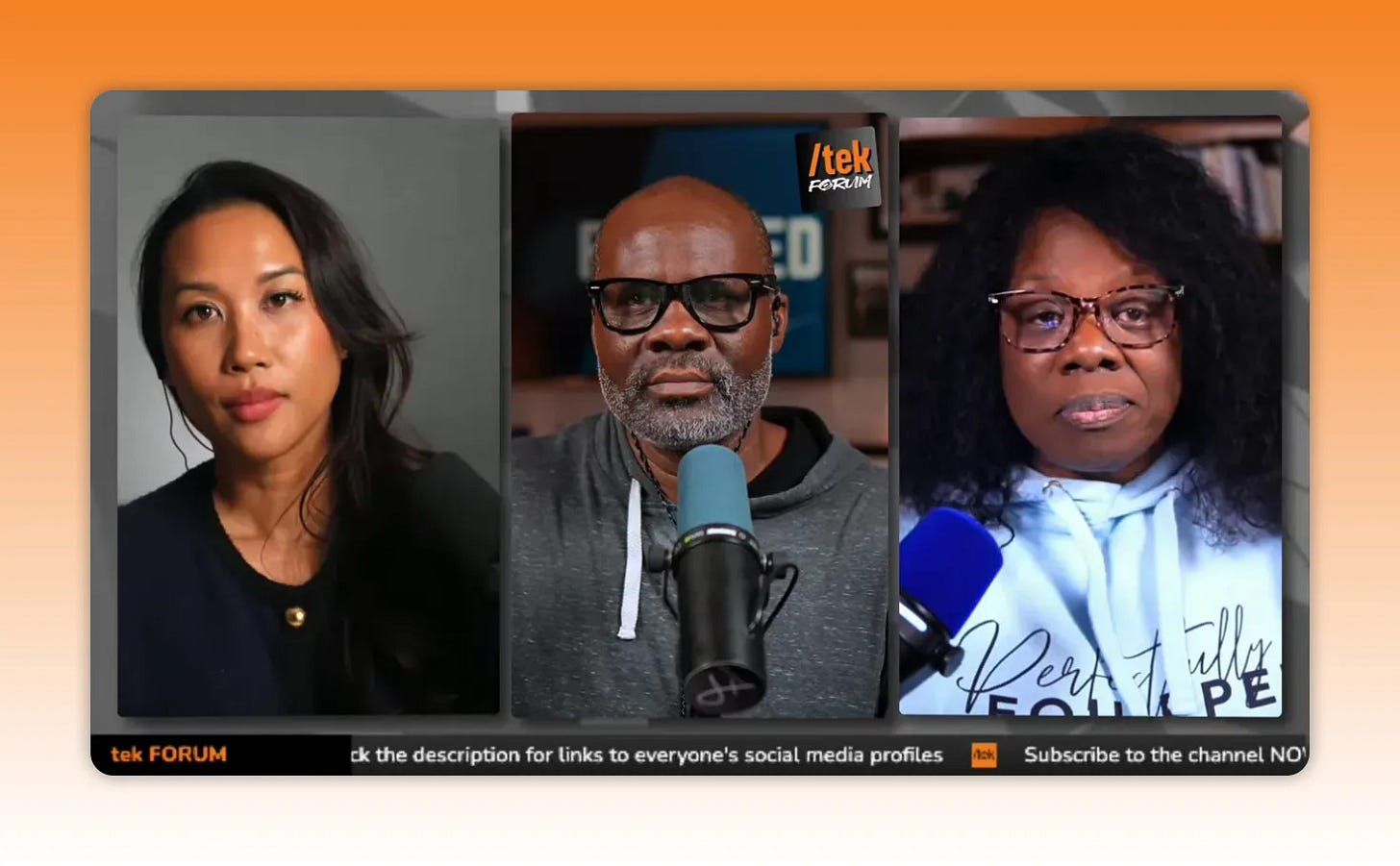 Three-up split-screen panel with center host at a microphone and two cohosts, clear lighting and framing