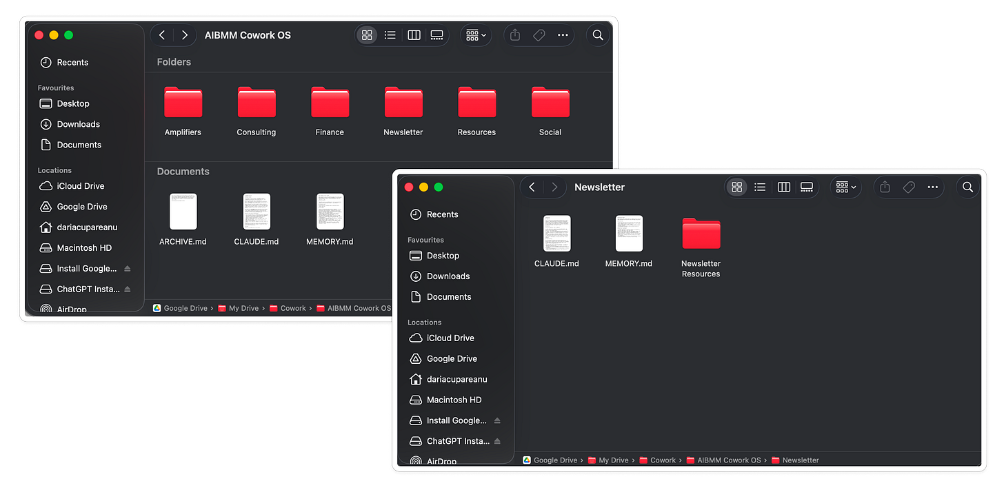 Two Mac Finder windows showing the AIBMM Cowork operating system in Google Drive. The root folder holds six area folders (Amplifiers, Consulting, Finance, Newsletter, Resources, Social) plus three files: ARCHIVE.md, CLAUDE.md, and MEMORY.md. The open Newsletter folder shows its own CLAUDE.md, MEMORY.md, and a Newsletter Resources subfolder, showing how each area repeats the same structure.