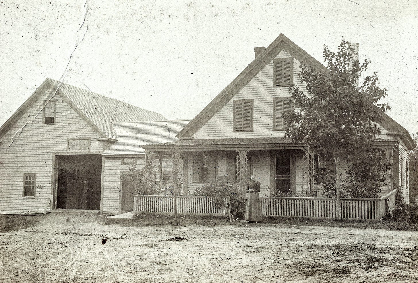 Woman with dog in front of house