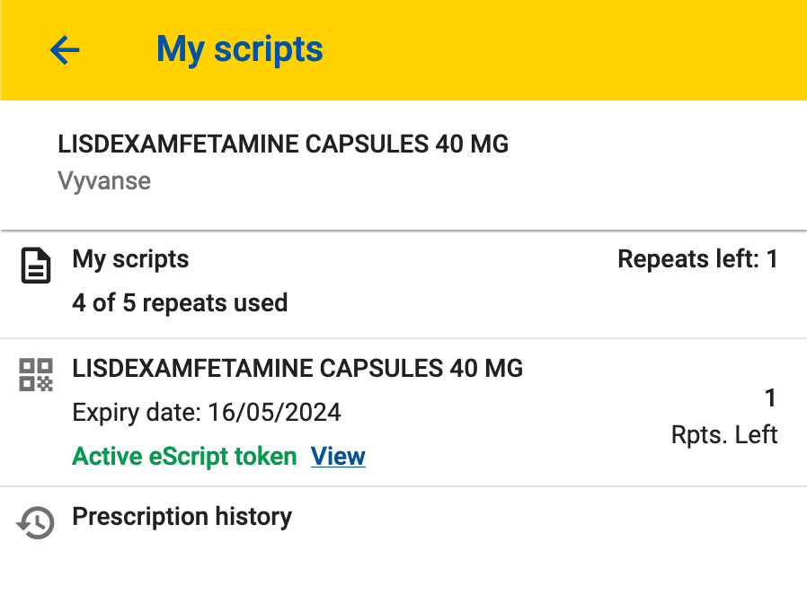 screenshot of medadvisor showing the wrong expiry date and incorrectly showing that my prescription is still current