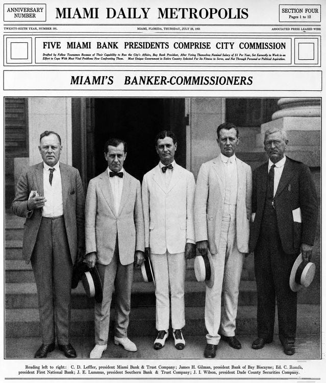 The front page of the Miami Daily Metropolis with a photo of the new commissioners on Thursday, July 28, 1921. The front page of the Miami Daily Metropolis with a photo of the new commissioners on Thursday, July 28, 1921.