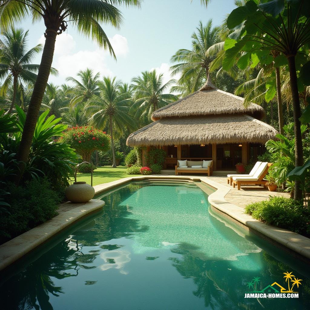 Majestic Jamaican ranch estate, surrounded by lush tropical foliage, with crystal-clear swimming pools glistening in the warm Caribbean sun, shot in breathtaking cinematic style, evoking the grandeur of a 35mm film masterpiece