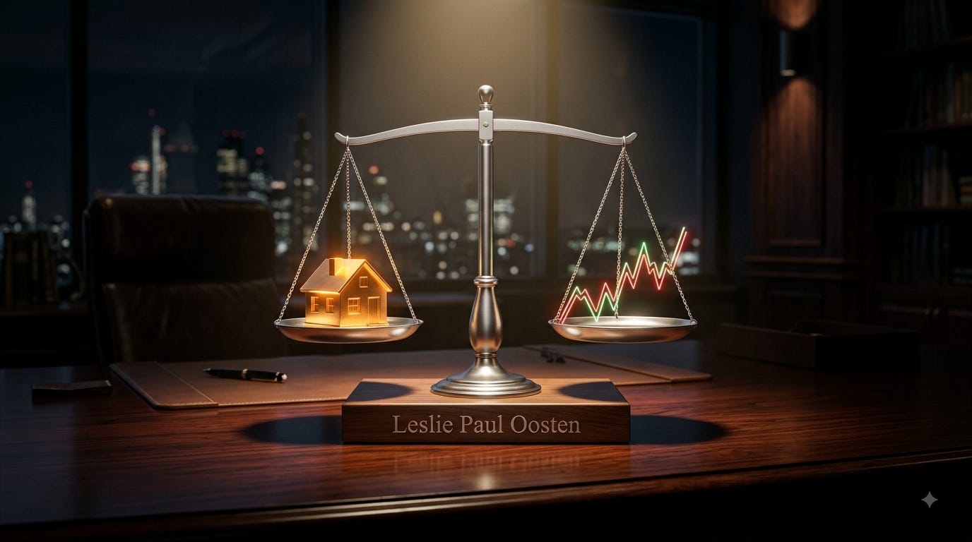 A silver scale of justice sits on a dark wooden desk inside an office at night, with a city skyline visible through a window behind it. The base of the scale is engraved with the name "Leslie Paul Oosten." On the left pan sits a glowing gold miniature house, while the right pan holds a glowing multi-colored line graph showing market ups and downs.