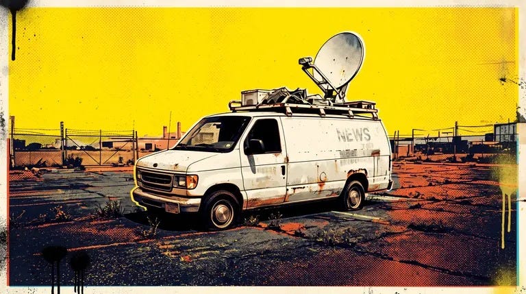 A broken-down white news van with a flat tire sitting alone in an empty lot A broken-down white news van with a flat tire sitting alone in an empty lot
