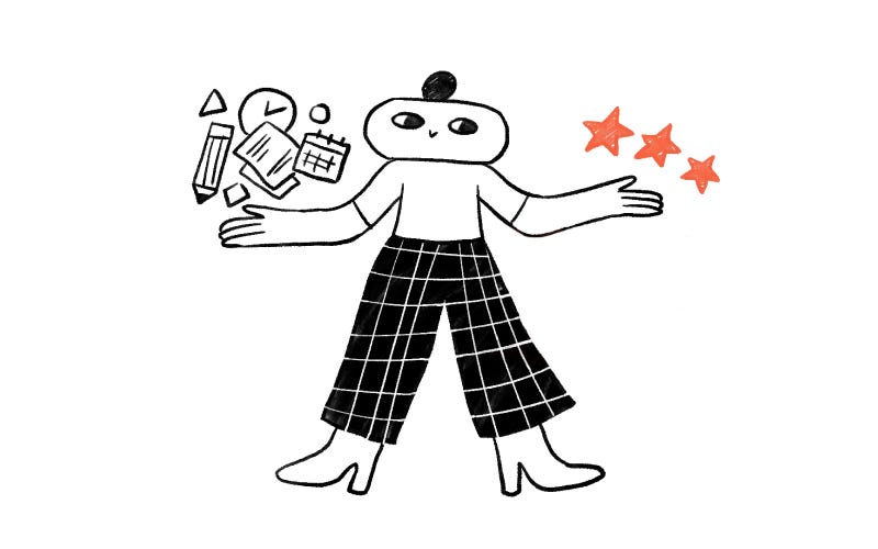 A character is holding different objects (pencil, clock, calendar, documents, etc.) on the left hand, and 3 red stars on the right hand on a plain white background.