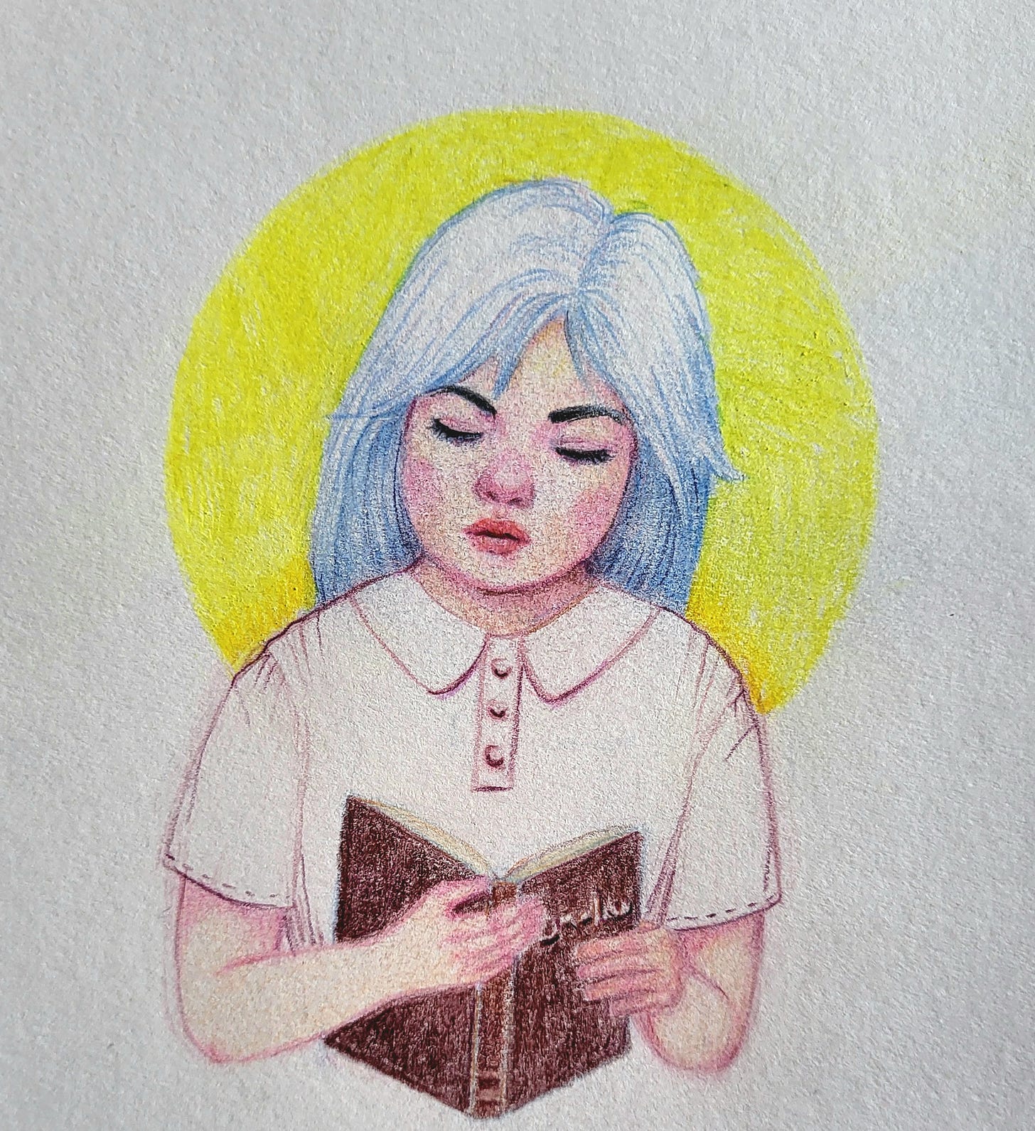 Colour pencil drawing of a girl with pale blue hair. She appears to be reading a book with brown cover, which she's holding with both hands. 