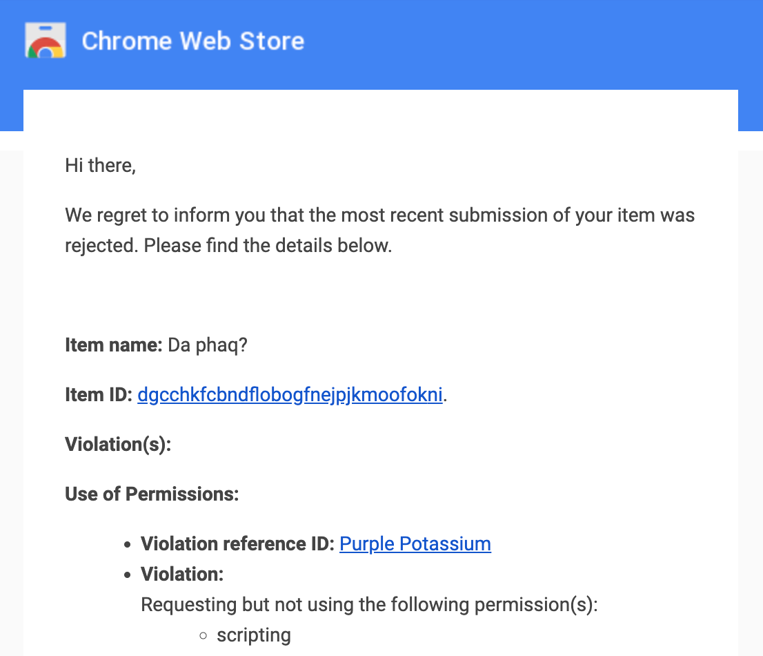 Google web store rejection notice