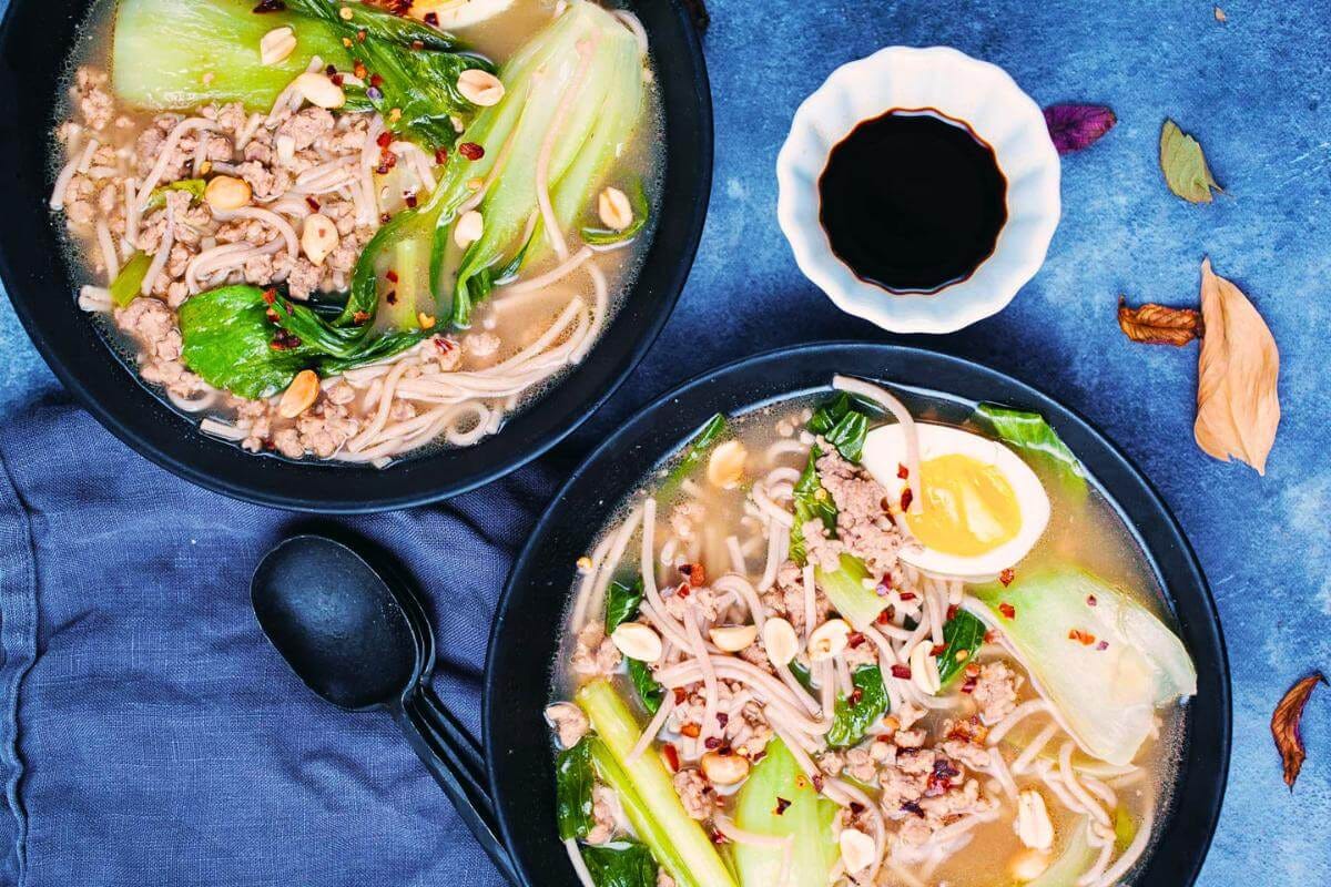 Bowls of bok choy noodle soup.