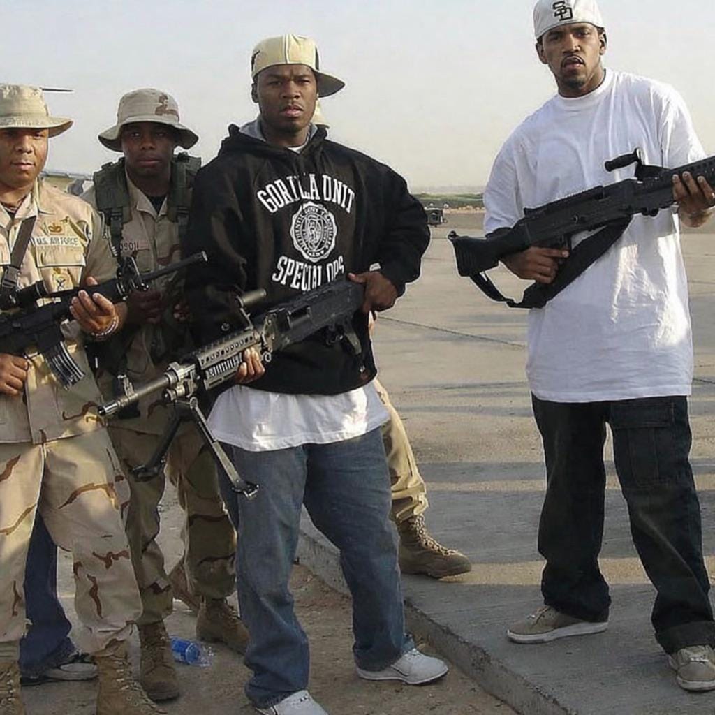 Rappers 50 Cent and Lloyd Banks connect with U.S. soldiers at Camp Anaconda, Iraq, during a morale visit amidst the Iraq War in 2004.