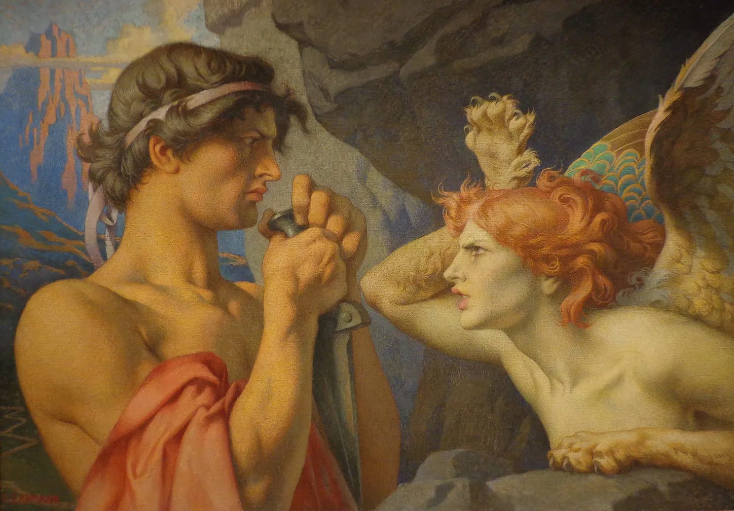 Oedipus confronts the Sphinx at Thebes, answering the riddle that will win him a kingdom while setting him upon the path to his tragic fate.