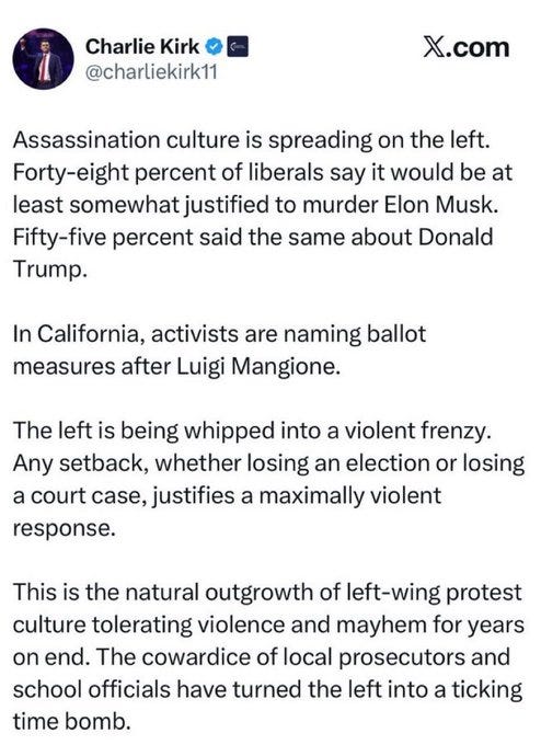 Text on a dark background with white font, stating "Assassination culture is spreading on the left. Forty-eight percent of liberals say it would be at least somewhat justified to murder Elon Musk. Fifty-five percent said the same about Donald Trump. In California, activists are naming ballot measures after Luigi Mangione." A profile picture of Charlie Kirk is visible in the top left corner, showing a person with short dark hair.