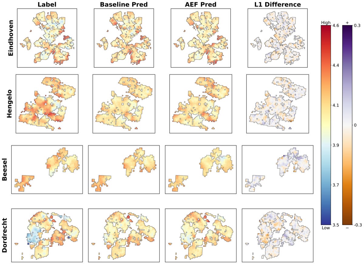 Liveability predictions for four Dutch test areas and differences between the AlphaEarth and baseline models Liveability predictions for four Dutch test areas and differences between the AlphaEarth and baseline models