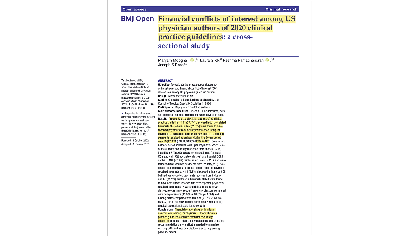 Financial conflicts of interest among US physician authors of 2020 clinical practice guidelines: a cross-sectional study (Mooghali et al., 2023)