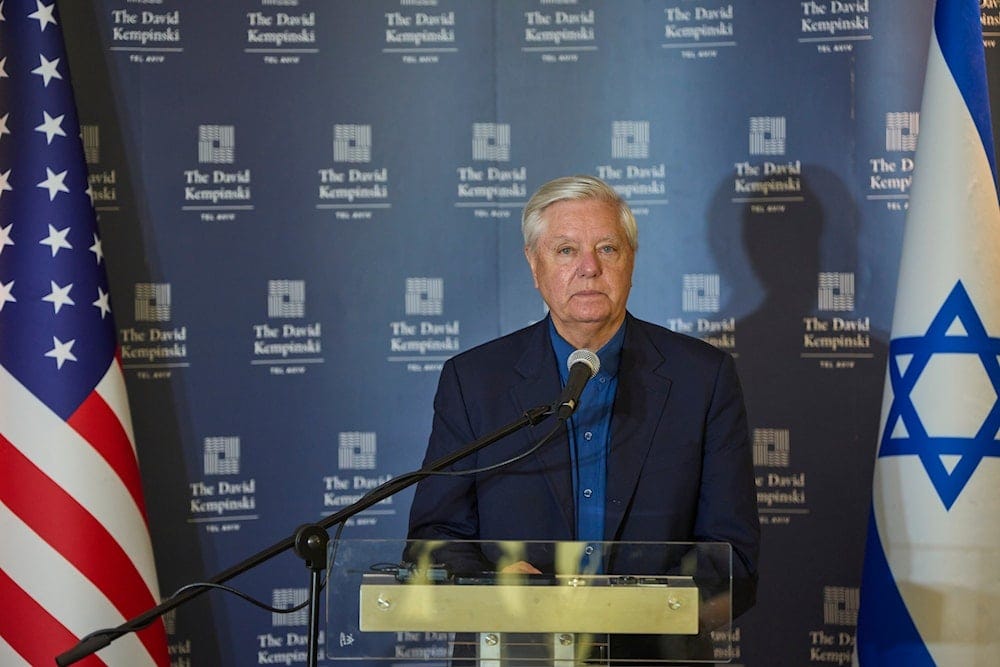 US Senator Lindsey Graham, speaks at a press conference in Tel Aviv, Occupied Palestine, Thursday, Aug. 28, 2025 (AP)