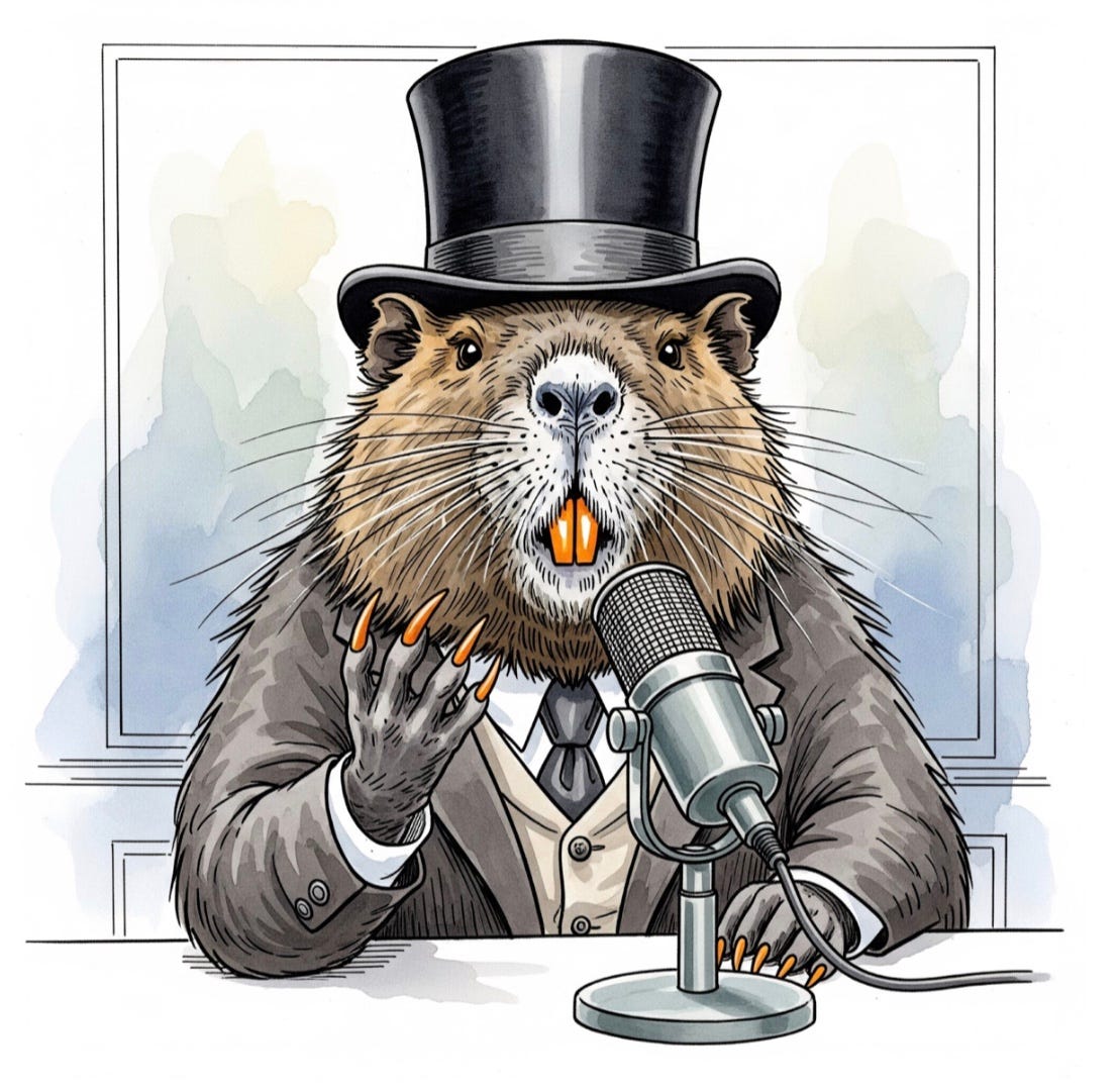 Pierre le Nutria! in his top hat during the podcast interview.