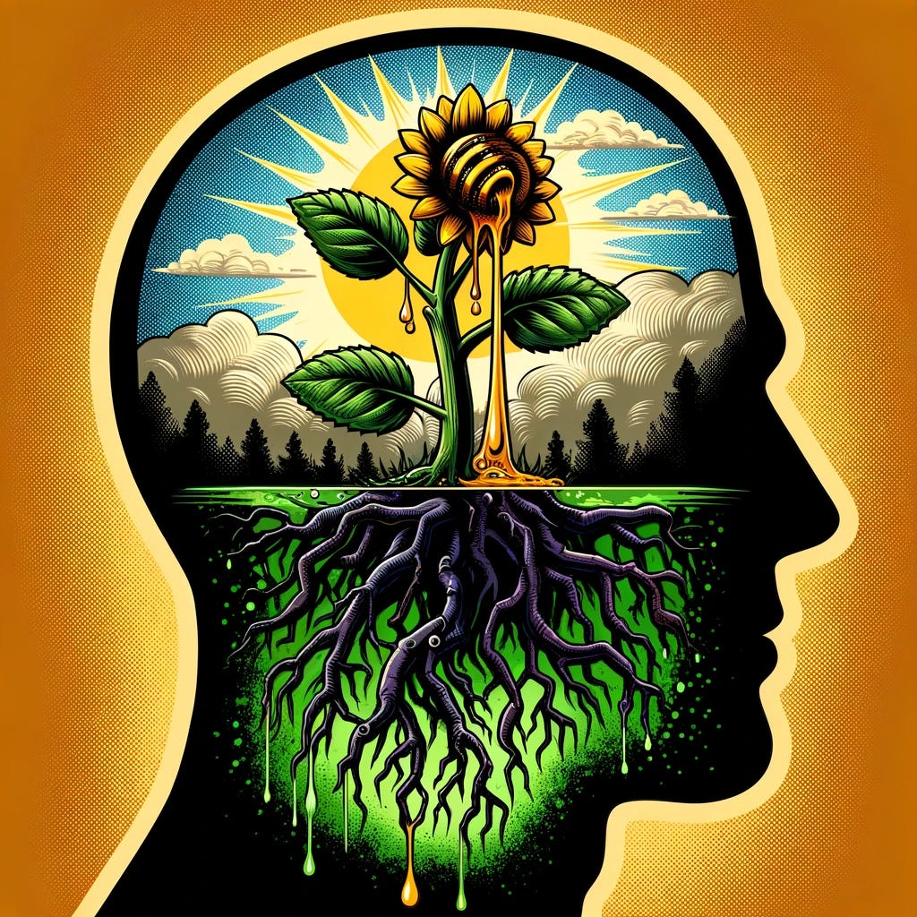 A comic book style image depicting the honeyed tip and severely damaged, poisonous roots of a plant inside the mind of a human. The plant has a small tip with drops of honey flowing from it, while the base consists of dark, twisted, and badly damaged roots emitting a toxic green glow. The background includes the silhouette of a person's head with the plant inside, symbolizing the internal struggle. The upper part of the head is sunny and calm, while the lower part where the roots are is dark and stormy, emphasizing the contrast between the alluring and destructive nature of anger. No leaves at the bottom of the plant.
