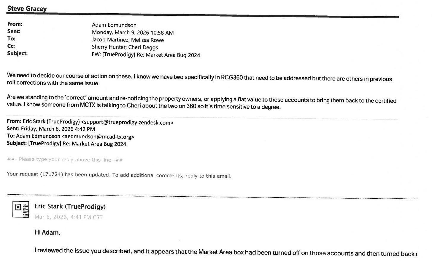 An MCAD director to other district leaders, March 2026. The choice on the table: send corrected notices to the property owners, or quietly apply a flat value to drag the accounts back to the certified number. Below it, the vendor explains the cause. The market area setting had been turned off on those accounts and then turned back on. A switch, flipped by hand. An MCAD director to other district leaders, March 2026. The choice on the table: send corrected notices to the property owners, or quietly apply a flat value to drag the accounts back to the certified number. Below it, the vendor explains the cause. The market area setting had been turned off on those accounts and then turned back on. A switch, flipped by hand.