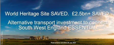 Bannière du site The Stonehenge Alliance confirmant l'annulation du projet en septembre 2024