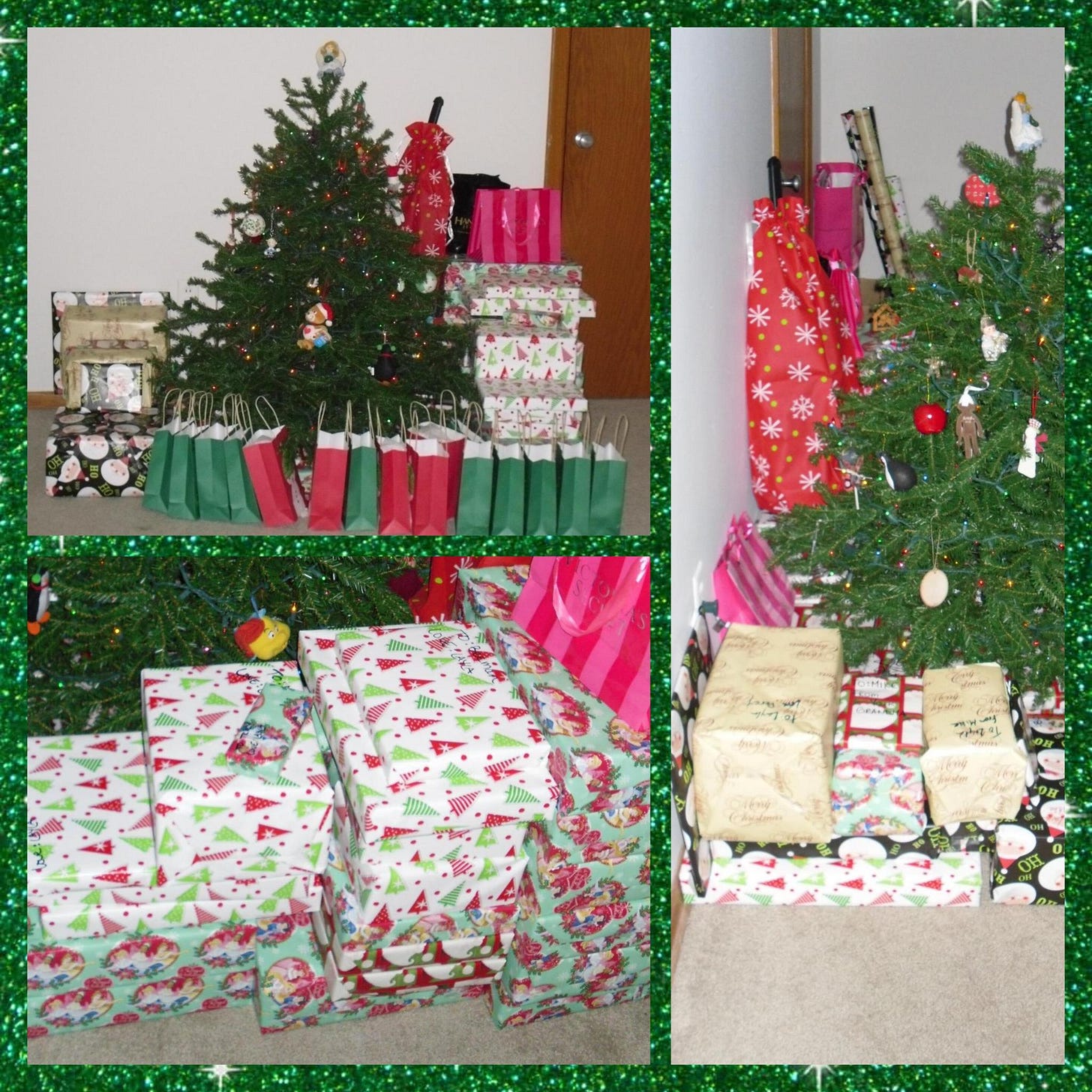 A three photo collage of a three foot christmas tree decorated with lights and ornaments surrounded by around one hundred presents in various shapes, sizes, and colors.