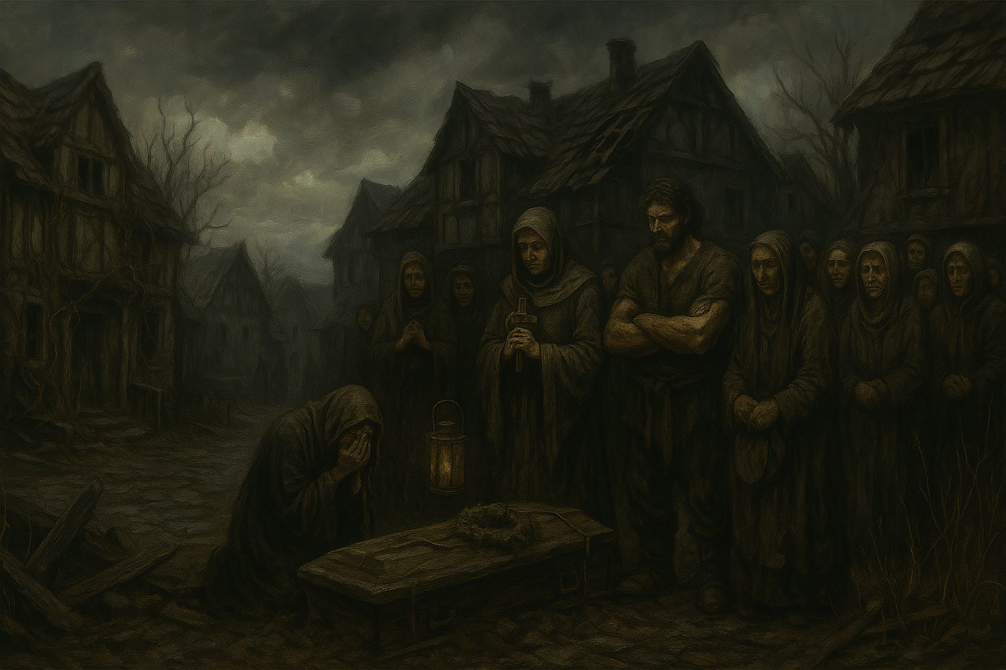 create a panorama of Barovia village as they mourn their dead after the Undead siege