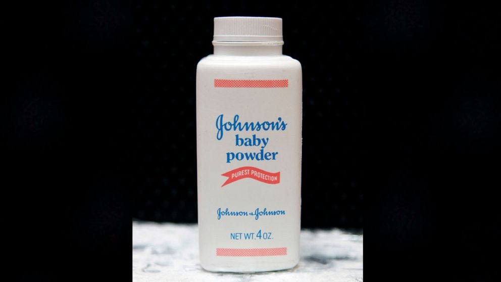 PHOTO: In this April 15, 2011, file photo, a bottle of Johnson's baby powder is displayed in San Francisco. PHOTO: In this April 15, 2011, file photo, a bottle of Johnson's baby powder is displayed in San Francisco.