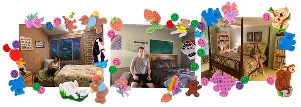 Meera Parat, Jacob Brian Wilson and Alex Rose in their childhood bedrooms. Meera Parat, Jacob Brian Wilson and Alex Rose in their childhood bedrooms.