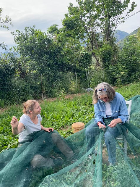 sasha e sua madre sono sedute in un prato, con una enorme rete verde sulle gambe, intete a cucire