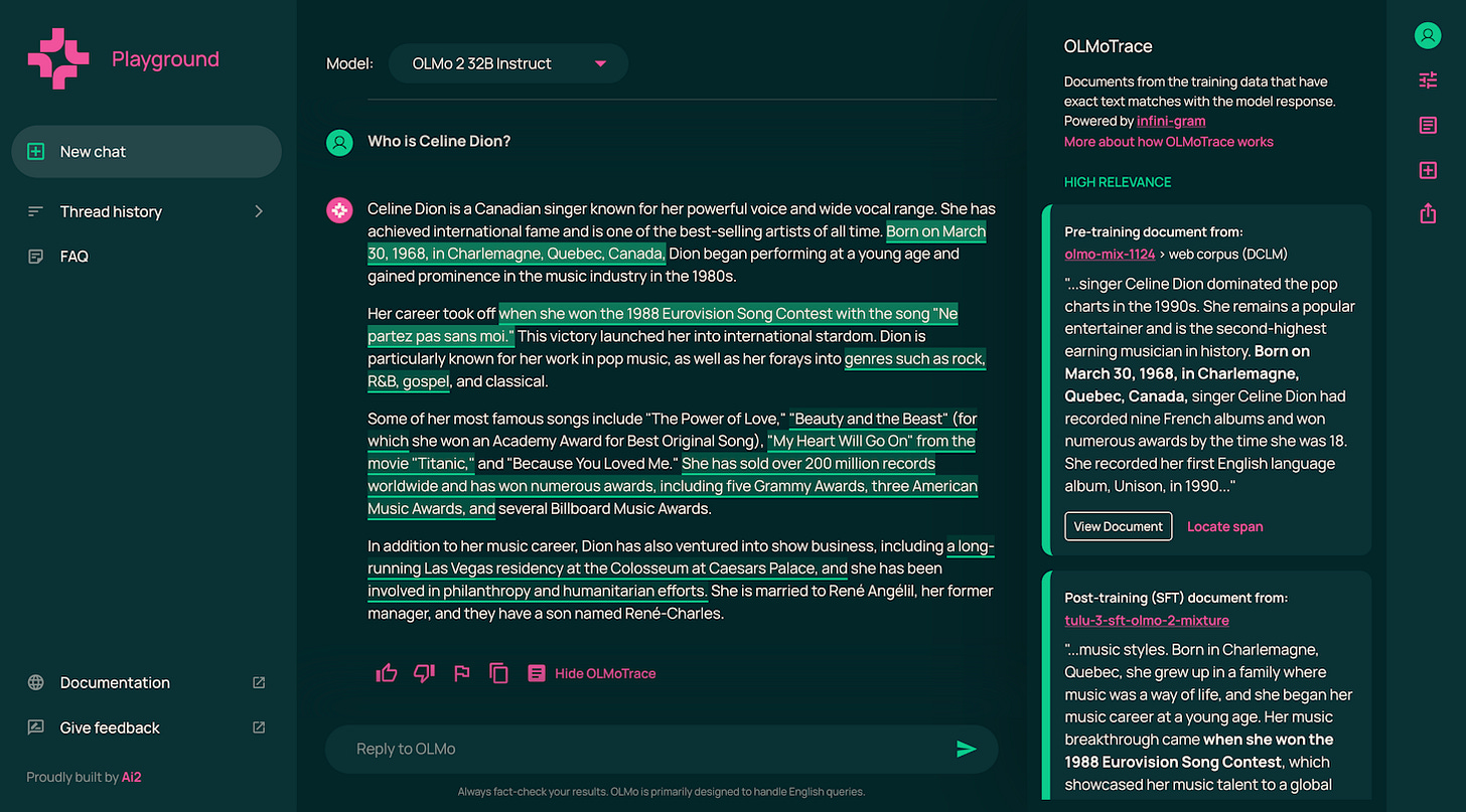 Screenshot of the Ai2 playground with OLMoTrace in action. Several text spans of the model output are highlighted. On the right, the OLMoTrace panel shows blocks of documents from the training data.